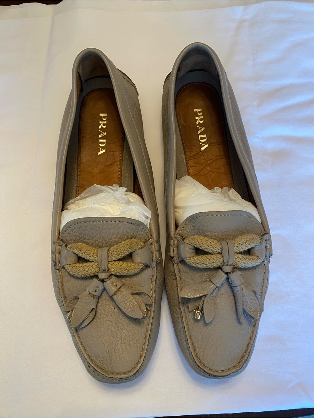 Prada Taupe Leather Tassel Moccasins